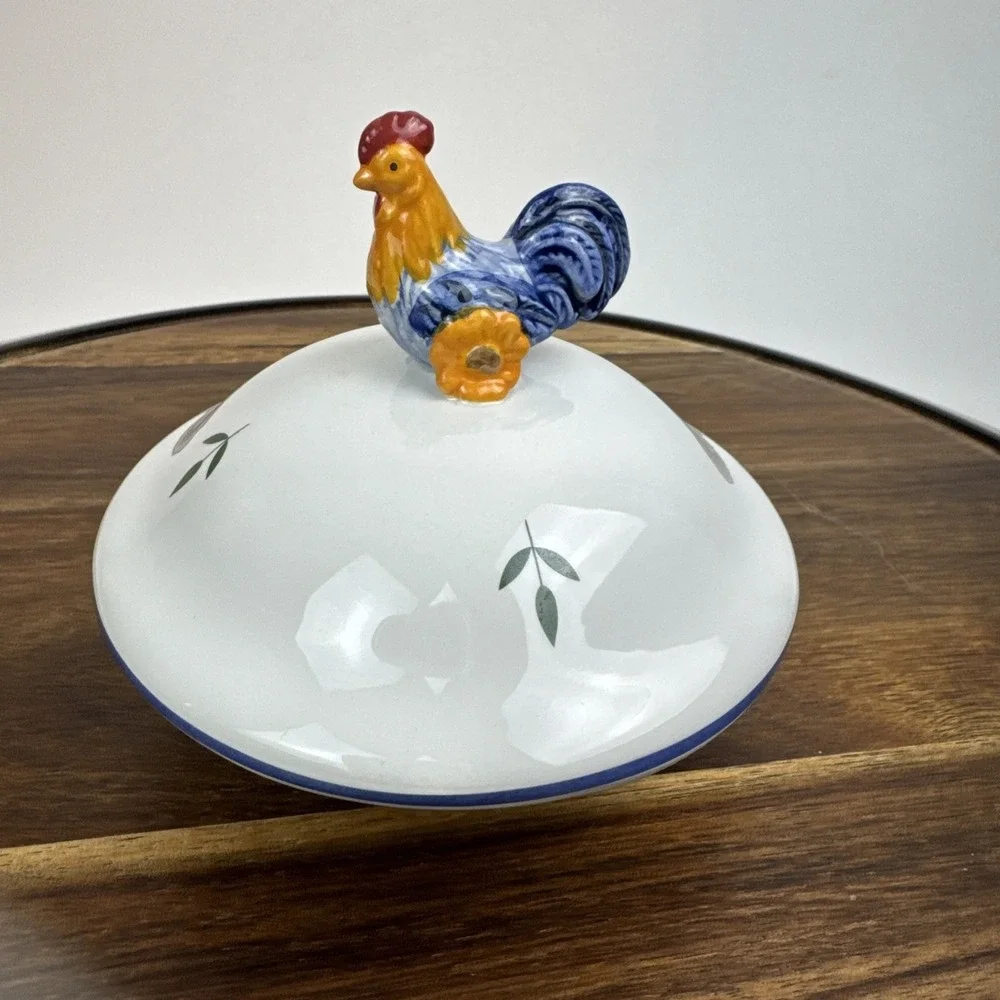 Ceramic Rooster Canister SM Replacement Lid‎ White Blue Farmhouse Kitchen Decor